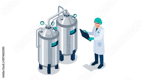 Modern pharmaceutical process monitoring with isometric equipment and scientist
