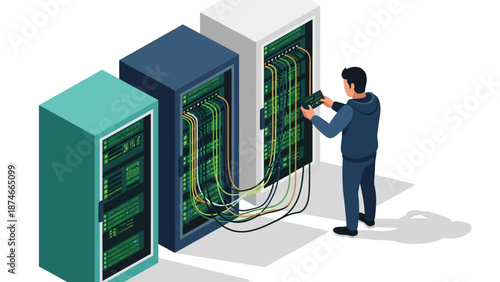 Isometric data center technician managing server racks and cables
