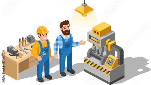 Engineers discuss cnc machine in isometric workshop setting