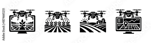 Agriculture technology vector icons set with drones and farming scenes