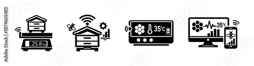 Smart beekeeping tools vector icons set for hive management and monitoring