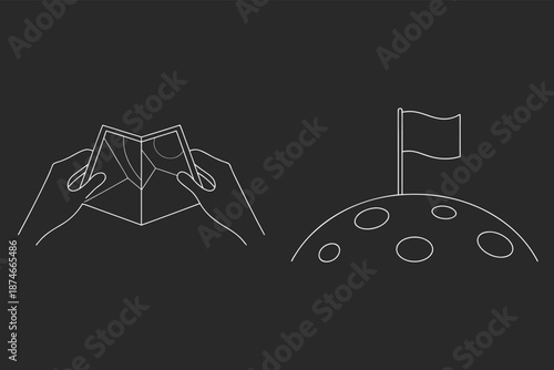 Lunar Lander And Moon Flag Outline Vector Illustration