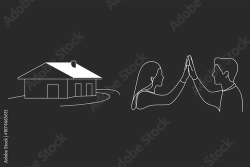 Homeownership Dreams: Couple And House Line Art Vector