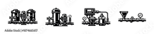Water filtration system vector icons set, black and white industrial symbols