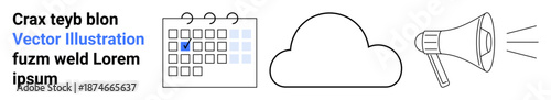 Cloud computing, project organization, event planning, marketing strategies, agenda setting, online storage. Calendar, cloud and megaphone icons. Cloud computing and project organization concept
