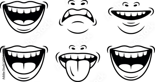 A collection of six cartoon mouths expressing various emotions and actions like laughter and surprise with visible teeth and tongues isolated on a white background
