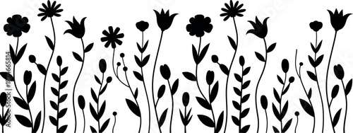 A collection of stylized black silhouette wildflowers and plants with delicate stems and leaves isolated on a white background