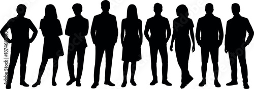 A diverse group of nine people including men and women standing together in silhouette against a white background