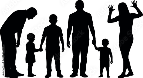 A diverse family silhouette is depicted including parents and children holding hands and standing together on a white background representing unity and togetherness in a modern family structure