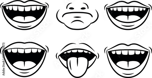 Collection of cartoon smiling mouths and lips with different expressions and tongue out  various happy faces