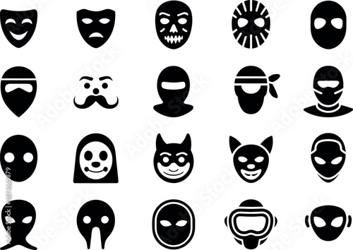 Collection of diverse black mask icons representing various characters and emotions isolated on a white background for graphic design