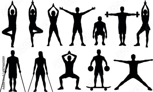 Collection of diverse human silhouettes engaged in various fitness activities like yoga weightlifting and skateboarding isolated on a white background