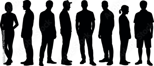 Collection of diverse male and female figures silhouetted against a white background showcasing various poses and attire