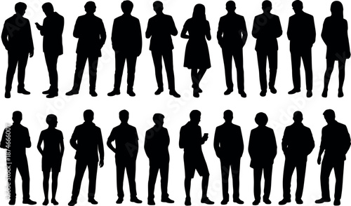 Diverse group of male and female silhouettes standing in various poses wearing casual and formal attire isolated on transparent background