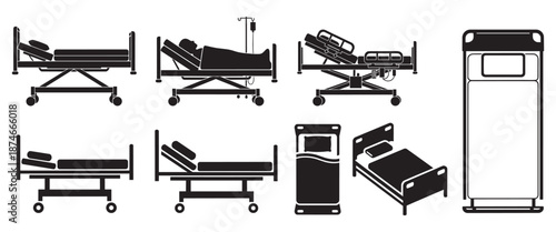 Medical hospital beds icon set adjustable patient care silhouette black vector illustration design