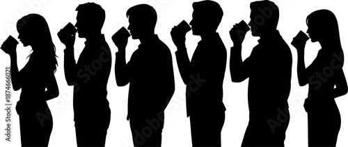 Diverse group of people silhouetted against white holding cups and enjoying a beverage together