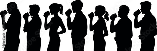 Diverse group of people in silhouette enjoying drinks from cups forming a line against a plain white background