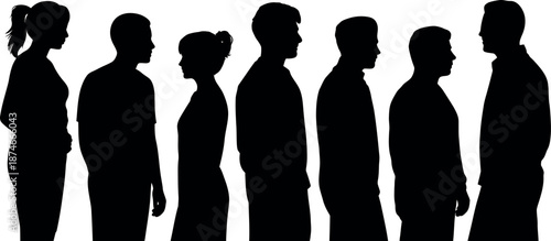 Diverse group of silhouette individuals standing in a line facing right showing profiles of men and women in casual attire isolated on transparent background