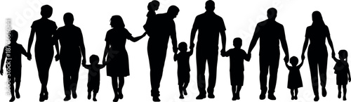 Diverse group of silhouetted figures representing multiple generations of a family walking together handinhand in a cohesive unit