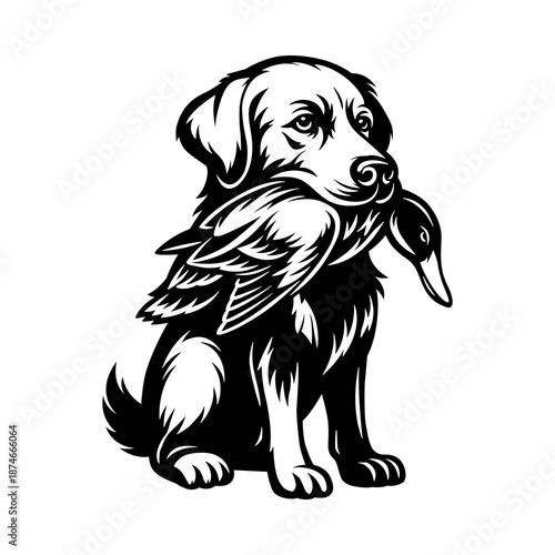 Dog Holding Bird Black and White Illustration for Hunting Concept, Wildlife Interaction, Animal Behavior and Nature Design