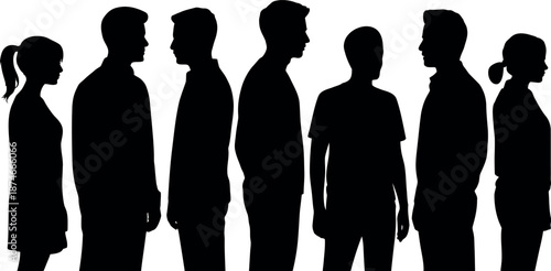 Diverse group of silhouetted men and women standing side by side in black against a clean white backdrop