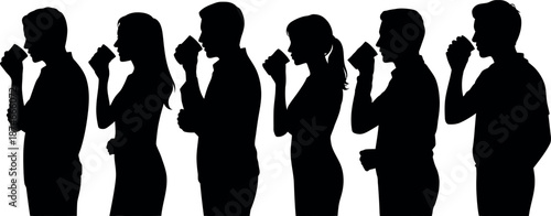 Diverse group of silhouettes of men and women enjoying hot beverages from cups in a social gathering setting