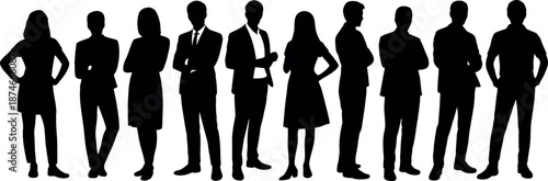 Diverse group of ten professional men and women standing in silhouette against a clean white background illustrating teamwork