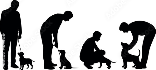 Diverse silhouettes of people interacting with playful puppies in various poses demonstrating training and affection isolated on a clean white background
