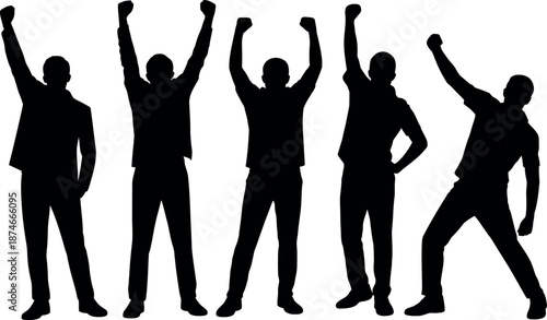 Five diverse male silhouettes celebrating with raised fists and arms in a gesture of triumph and success