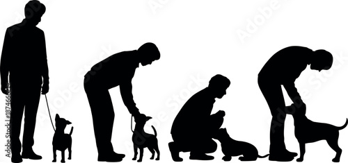 Silhouettes of a person interacting with small dogs in various poses demonstrating pet care and companionship