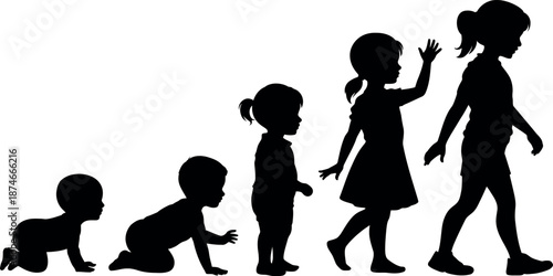 Silhouettes of children progressing through different developmental stages from crawling baby to walking child isolated on transparent background