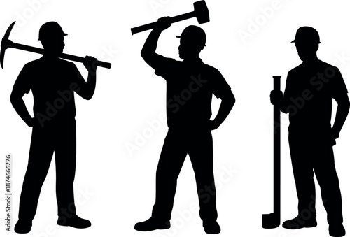 Silhouettes of three construction workers in hard hats holding tools like a pickaxe sledgehammer and crowbar isolated on transparent background