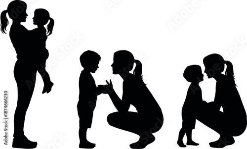 Silhouettes of mothers and children interacting in various poses showing love care and connection isolated on transparent background