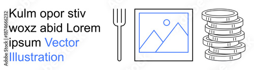 Eating habits, economic concepts, artwork, financial planning, creative design, trade. Fork, framed picture stack of coins. Eating habits and economic concepts with minimal icons