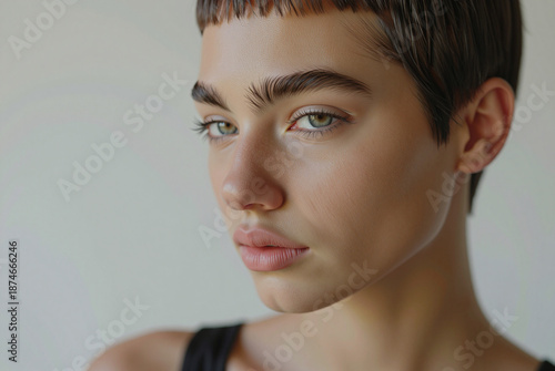 Close up of a person with short hair and blue eyes.