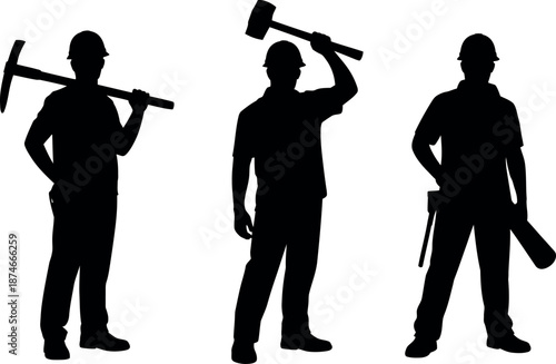 Silhouettes of three construction workers wearing hard hats holding tools isolated on a transparent background representing manual labor and building industry professionals