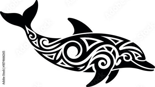 Stylized black tribal dolphin silhouette with ornamental patterns isolated on a transparent background for graphic design elements