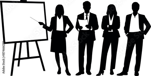 Team of business professionals presenting information on a white board during a corporate meeting or training session