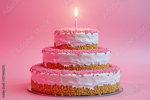 Three tiered cake with a lit candle on top.