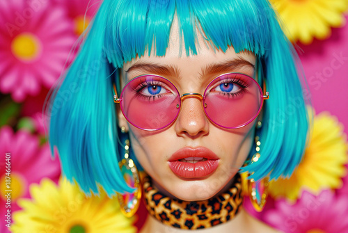 Woman with bright blue hair wearing pink sunglasses and a leopard print choke