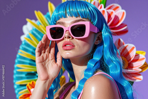Woman with bright blue hair wearing pink sunglasses.