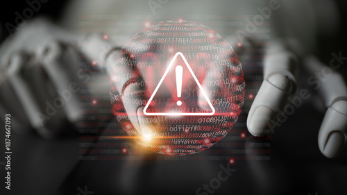 A futuristic representation of a robotic hand interacting with a digital globe and warning symbol, symbolizing alert mechanisms in technology and cybersecurity. Gantry © InfiniteFlow