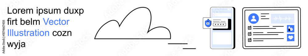 Obraz premium Cloud computing, data security, digital identity, mobile authentication, online privacy, user interface. Cloud icon, mobile phone with security badge and profile on digital screen. Cloud computing