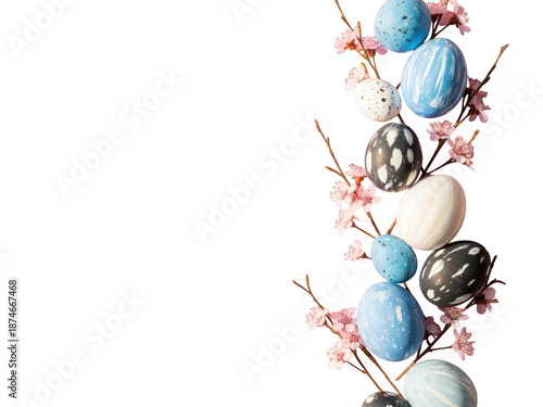 Easter eggs on a flowering branch isolated on transparent background for spring holiday