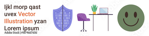 Digital security, office organization, workplace productivity, online safety, positive mindset, technology. Purple shield with binary code, organized desk green happy face. Digital security
