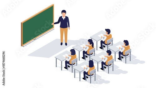 Classroom teaching scene in isometric style with students and teacher