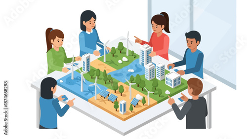 Collaborative team discussing sustainable energy isometric concept