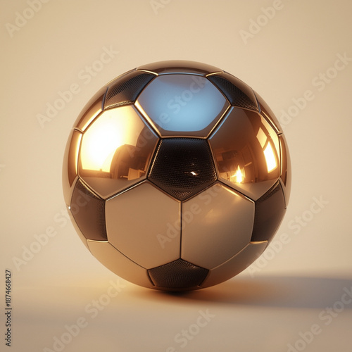 American football A shiny gold soccer ball with black and white panels on a beige background