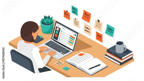 Isometric workspace with laptop and sticky notes for productivity and organization