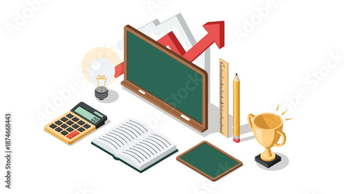 Isometric back to school concept with blackboard and educational tools